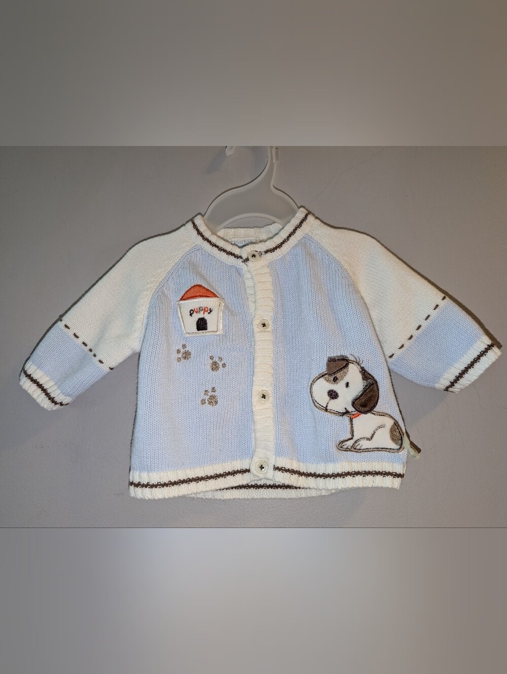 🐕 Vitamins Baby V Puppy Patch Light Blue & White Cotton Knit Cardigan 3 Months